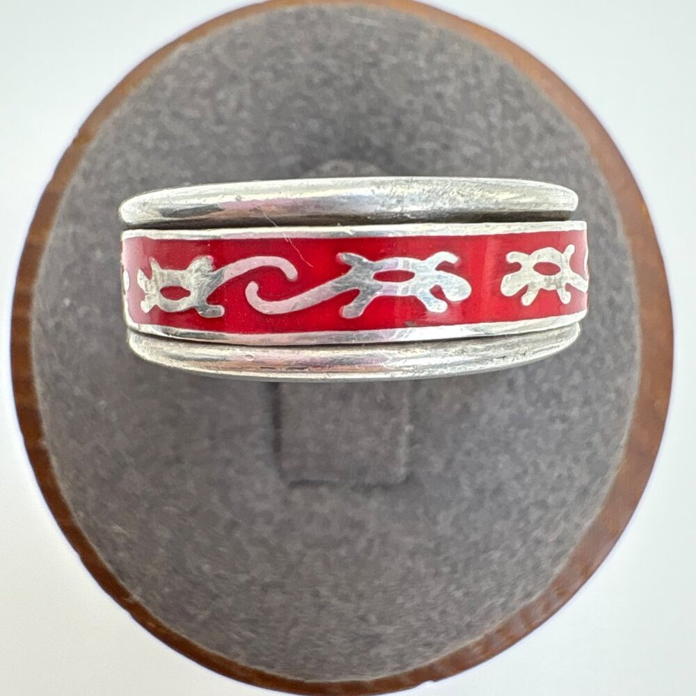 VTG Solid Sterling Silver 925 Lizard Design Red Enamel Band Ring Size 7.25